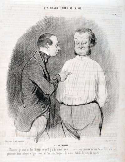 عمل فني من قبل هونور دومير (1808-1879). يعود تاريخ Charivari إلى عام 1845: Serie LES BEAUX DAYS DE LA VIE. البلوزة "" - سيدي ، لقد جعلت لك ارتداء أفضل ... مع قميص بطريقتي يمكنك تقديم نفسك في أي غرفة جلوس وسنكون دائمًا الأفضل أنا بواسطة الشرف دومييه