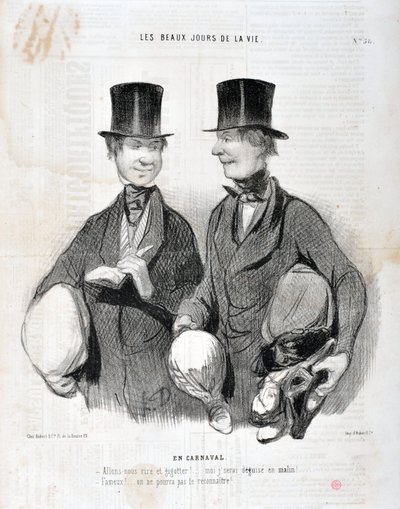 عمل فني من قبل هونور دومير (1808-1879). يعود تاريخ Charivari إلى عام 1845: Serie LES BEAUX DAYS DE LA VIE. في الكرنفال "" - دعونا نضحك و gigotte! سأصاب بخيبة أمل لأنني ذكية! مشهور! لا يمكننا التعرف عليك ... "متحف الفنون الجميلة - قصر لونغ تش بواسطة الشرف دومييه