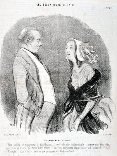 عمل فني من قبل هونور دومير (1808-1879). يعود تاريخ Charivari إلى عام 1845: Serie LES BEAUX DAYS DE LA VIE. التزام فنان "تريد التزاما بمسرحتي ... إنها ملكة جمال جيدة جدا ... كم أنت جميلة بالنسبة لك ، سيكون فقط 1200 فرنك ... بواسطة الشرف دومييه