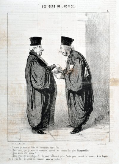 عمل فني من قبل هونور دومير (1808-1879). يعود تاريخ Charivari إلى عام 1845: Serie LES PEOPLES DE JUSTICE "" - كما أخبرتك حقًا بحقيقتك! كنا جميلين. كنا جميلين! ... في القصر فقط نعرف طريقة الجدال والحديث عنها بواسطة الشرف دومييه