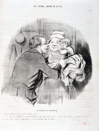 عمل فني من قبل هونور دومير (1808-1879). يعود تاريخ Charivari إلى عام 1848: Serie Les beaux jours de la vie. زيارة الممرضة - دعنا نقبّل أبي طفل صغير حبيبي - إنه لا يريد اليوم ولكن عادة ... "متحف الفنون الجميلة - قصر لونج تشامب ، مارسيليا بواسطة الشرف دومييه