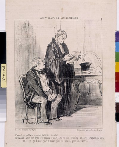 عمل فني من قبل هونور دومير (1808-1879). يعود تاريخ Charivari إلى عام 1851: Serie LES Avocats et lesitigants. "المحامي - القضية تعمل ، القضية تعمل! المحامي - لقد كنت تخبرني بهذا لمدة أربع سنوات إذا كانت لا تزال تمشي لفترة طويلة ، فسوف ينتهي بي الأمر با بواسطة الشرف دومييه
