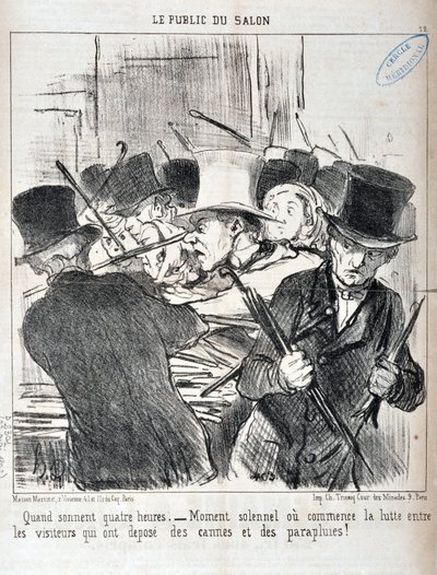 عمل فني من قبل هونور دومير (1808-1879). يعود تاريخ Charivari إلى عام 1852: Serie LE PUBLIC DU SALON - "" عندما يكون الصوت أربع ساعات. - لحظة جليلة أو يبدأ الصراع بين الزوار الذين قاموا بإيداع العصي والمظلات "" MUSEE DES BEAUX ARTS - PAL بواسطة الشرف دومييه