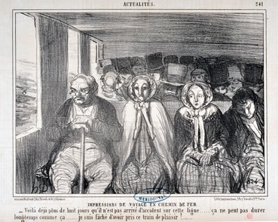العمل الفني من قبل Honore Daumier (1808-1879) يعود تاريخ Charivari إلى عام 1855: Serie Actualites de voyage en railroad "" - هناك أكثر من ثمانية أيام لم يقع فيها حادث على هذا الخط ... لا يمكن أن يستمر طويلاً مثل ذلك. .. أنا آسف لركوب هذا القطار بواسطة الشرف دومييه