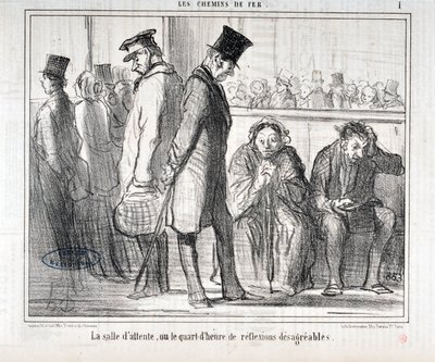 عمل فني من قبل هونور دومير (1808-1879). يعود تاريخ Charivari إلى عام 1855: Serie LES Chemins de fer "" غرفة الانتظار أو ربع ساعة من الانعكاسات البغيضة "" MUSEE DES BEAUX ARTS - PALAIS LONGCHAMP، MARSEILLE بواسطة الشرف دومييه