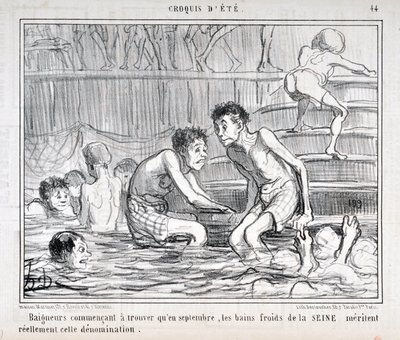 العمل الفني من قبل Honore Daumier (1808-1879) يعود تاريخ Charivari إلى عام 1858: بدأت Serie CRUQUIS D'ETE "" Baigneurs في العثور على أنه في سبتمبر ، كانت الحمامات الباردة في SEINE تستحق هذه التسمية "" "MUSEE DES BEAUX ARTS - PA بواسطة الشرف دومييه