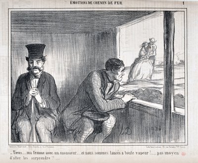 عمل فني من قبل Honore Daumier (1808-1879) يعود تاريخ Charivari إلى عام 1858: Serie Emotion EN Chemin de fer - "هنا ... زوجتي مع رجل ... ونحن على قدم وساق! ... لهم !! ... "متحف الفنون الجميلة - قصر لونغ تشامب ، المريخ بواسطة الشرف دومييه