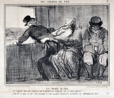 عمل فني من قبل هونور دومير (1808-1879). يعود تاريخ Charivari إلى عام 1858: Serie LES RAILWAYS By Railroad "" - لذا لا تبدو هكذا من خلال الباب ، فالمصيبة قادمة بسرعة كبيرة! ... "ما الذي يهمني ، لأنني مؤمن ضد الحوادث على railwa بواسطة الشرف دومييه