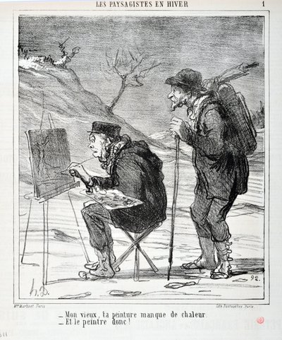 عمل فني من قبل هونور دومير (1808-1879). يعود تاريخ Charivari إلى عام 1864: Serie LES LANDSAGISTS في الشتاء "" - رجلي العجوز ، لوحتك تفتقر إلى الحرارة - والرسام كذلك! "" متحف الفنون الجميلة - قصر لونغ تشامب ، مارسيلي بواسطة الشرف دومييه