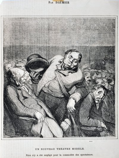 عمل فني من قبل هونور دومير (1808-1879). يعود تاريخ Charivari إلى عام 1864: Serie Sketches Taken at the Theatre نموذج مسرحي جديد. "لم يتم إهمال أي شيء لراحة المتفرجين" "MUSEE DES BEAUX ARTS - PALAIS LONGCHAMP ، MARSEILLE بواسطة الشرف دومييه