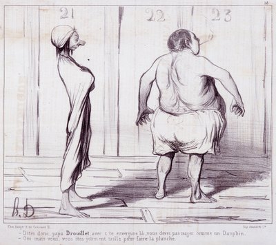 كارتون عن المظاهر. سلسلة "" السباحون ": أخبر أبي درويليت ..." نقش بقلم هونور دوميير (1808-1879). مقتطف من جريدة "لو شريفاري". خافت 25x36 سم. بوكس 12 مرسيليا ، متحف الفنون الجميلة ، قصر لونج تشامب ، مجموعة فنون الرسم البياني بواسطة الشرف دومييه