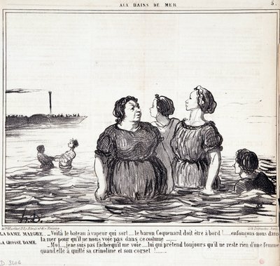 كارتون عن المظاهر والموضة. سلسلة "" Les Bains de Mer "": "" السيدة النحيفة (...) ، السيدة البدينة (...) "نقش بواسطة Honore DAUMIER (1808-1879). مقتطف من جريدة "Le Charivari" في 16 سبتمبر بواسطة الشرف دومييه