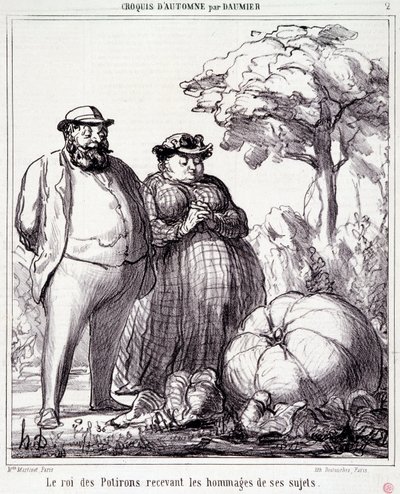 كارتون عن البستنة. Serie "" Autumn Sketch "": "" ملك القرع يتلقى التحية من رعاياه "". نقش هونور داوميير (1808-1879). مقتطف من جريدة "Le Charivari" في 23 سبتمبر بواسطة الشرف دومييه