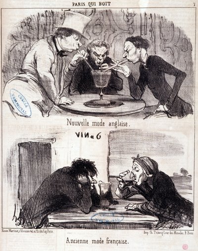 كارتون عن إساءة تذوق الطعام. سلسلة "مشروبات Paris qui": أزياء إنجليزية جديدة وأزياء فرنسية قديمة. نقش هونور داوميير (1808-1879). مقتطف من جريدة "Le Charivari" 23 يونيو 1852 Dim 37x26 cm Inv D 2312 - box 24 N¡7. مرسيليا ، موسى بواسطة الشرف دومييه