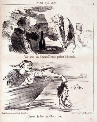 كارتون عن إساءة تذوق الطعام. Serie "" Paris qui boire "": منظر "" تم التقاطه في الشانزليزيه أثناء موجة الحر. فقط شربوا ضربة مروعة ". نقش هونور داوميير (1808-1879). مقتطف من جريدة "Le Charivari" في 5 حزيران (يوني بواسطة الشرف دومييه