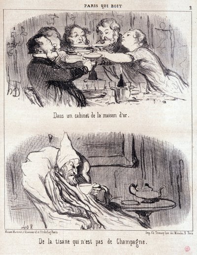 كارتون عن إساءة تذوق الطعام. Serie "" Paris Qui Drinks ":" "في خزانة من House d'or. شاي أعشاب ليس شمبانيا ". نقش هونور داوميير (1808-1879). مقتطف من جريدة "Le Charivari" في 4 يونيو بواسطة الشرف دومييه