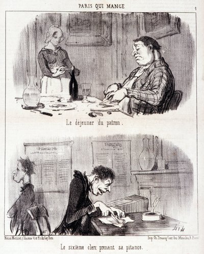 كارتون عن إساءة تذوق الطعام. Serie "" Paris qui mange "": إفطار الرئيس. الكاتب السادس يأخذ شفقته. نقش هونور داوميير (1808-1879). مقتطف من جريدة "لو شريفاري" في 26 حزيران / يونيو بواسطة الشرف دومييه
