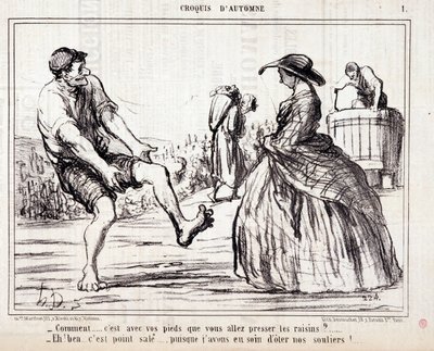 رسم كاريكتوري عن الحاصدين يدوسون على عنب حافي القدمين. Serie "" Autumn Sketch ":" "كيف ... هل ستعصر العنب بقدميك؟ ... "نقش بواسطة Honore DAUMIER (1808-1879). مقتطف من جريدة "Le Charivari" " بواسطة الشرف دومييه