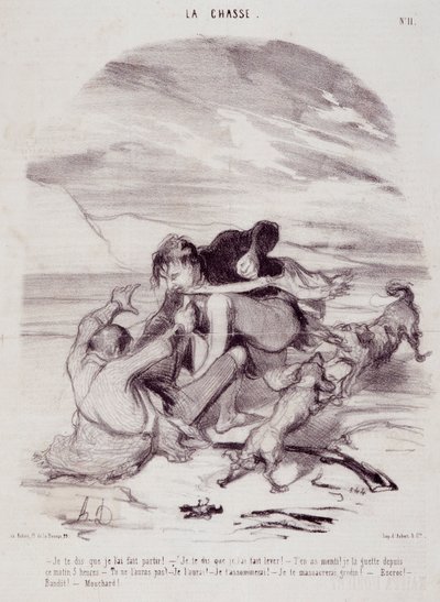 كارتون عن الصيادين. سلسلة "" أيام الحياة الجميلة - الصيد ":" "أقول لك إنني تركته يغادر ..." نقش بقلم Honore DAUMIER (1808-1879). مقتطف من جريدة "Le Charivari" في 10 كانون الثاني (يناير) بواسطة الشرف دومييه