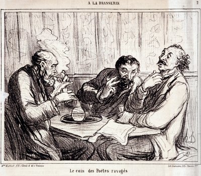 كارتون عن كتاب القصائد. سلسلة “” A la brasserie ””: “” ركن الشعراء المنكوبين ”“ ”. نقش هونور داوميير (1808-1879). مقتطف من جريدة "لو شريفاري" بتاريخ 7 كانون الثاني (يناير) بواسطة الشرف دومييه