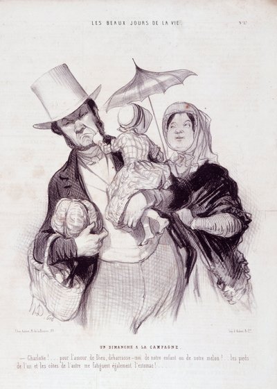 كارتون عن الأسرة. سلسلة "" أيام الحياة الجميلة ": يوم أحد في الريف ..." نقش بقلم Honore DAUMIER (1808-1879). مقتطف من جريدة "Le Charivari" في 21 يوليو بواسطة الشرف دومييه