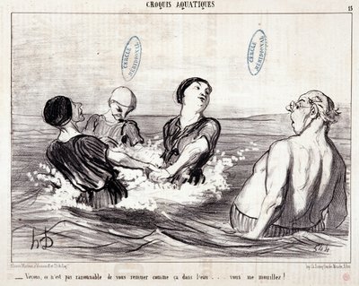 كارتون عن السياح في عطلة في البحر. سلسلة "" Les Bains de Mer "": "" رسم مائي. دعونا نرى أنه ليس من المعقول أن تحركك هكذا في الماء ... لقد بللتني! " نقش هونور داوميير (1808-1879). مقتطف من جريدة "" لو شاريف بواسطة الشرف دومييه
