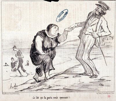 كارتون عن السياح في إجازة. سيري "" Ax Bains de Mer: "" الفيضان الذي أعادها مرعب! نقش هونور داوميير (1808-1879). مقتطف من جريدة "Le Charivari" " بواسطة الشرف دومييه