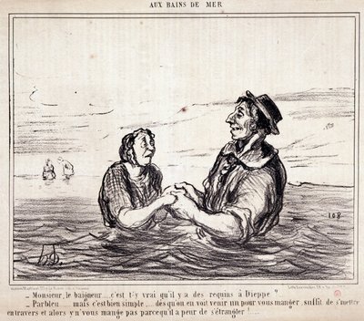 كارتون عن السياح في إجازة. Serie "" aux Bains de Mer "": "" Monsieur le bathneur ... هل صحيح أن هناك أسماك قرش في Dieppe؟ ... "نقش بواسطة Honore DAUMIER (1808-1879). مقتطف من جريدة "Le Charivari" في 8 حزيران (يو بواسطة الشرف دومييه