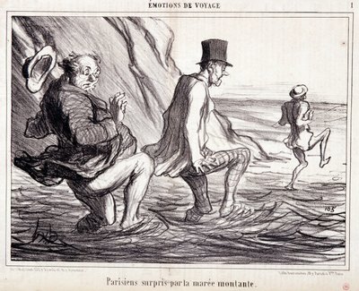 كارتون عن السياح في إجازة. سلسلة "" Ax Bains de Mer: "" عواطف السفر. القبض على الباريسي من قبل ماري الصاعد "". نقش هونور داوميير (1808-1879). مقتطف من جريدة "Le Charivari" في 8 أكتوبر بواسطة الشرف دومييه