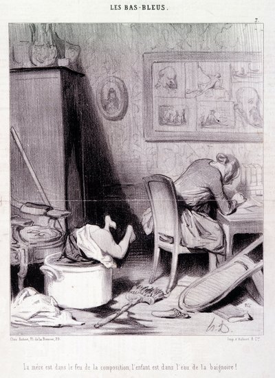 كارتون عن الكاتبات. مسلسل "" Bas Bleus "": "" الأم في نار التكوين ، والطفل في ماء الحمام! "" النقش بواسطة Honore DAUMIER (1808-1879). مقتطف من جريدة "Le Charivari" في 20 فبراير بواسطة الشرف دومييه