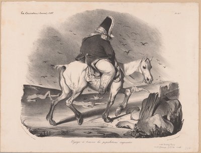 رسم كاريكاتوري للويس فيليب الأول ، ملك فرنسا على ظهور الخيل بين الجثث Voyage à travers les Population empressées (العنوان على الكائن) بواسطة نيكولا لويس ديلونوا
