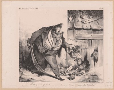 صورة كاريكاتورية لملك فرنسا لويس فيليب الأول كقطاع طرق بيتيتس! بيتيتس! بيتيتس! (...] فينيس دونك ديندونز! (العنوان على العنصر) بواسطة نيكولا لويس ديلونوا