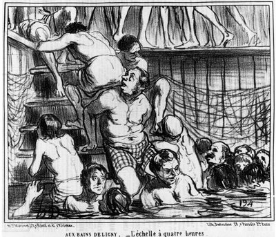 Les bains Deligny - مقياس الأربع ساعات: رسم توضيحي من سلسلة الرسوم المتحركة "" Sketch d'Ete "عن السباحة والحمامات Deligny بواسطة Honore Daumier (1808-1879). "Charivari" بواسطة الشرف دومييه