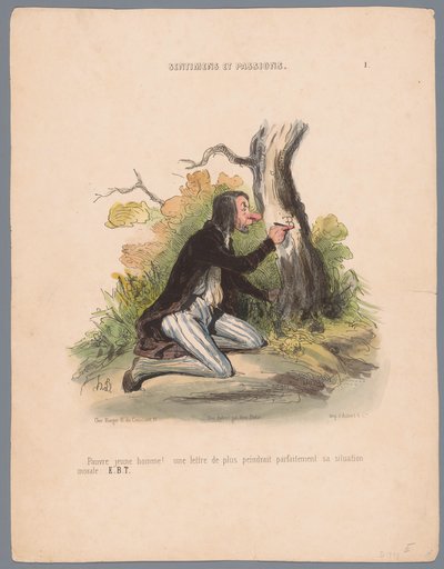 رجل ينحت الأحرف الأولى في لحاء الشجر Pauvre jeune homme! (...) (العنوان على الكائن) العواطف والمشاعر (عنوان المسلسل) المشاعر والعواطف (عنوان السلسلة على الكائن) بواسطة أوبيرت وسي.