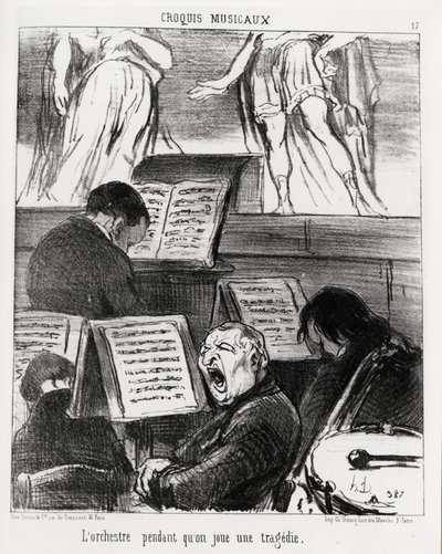 اسكتشات موسيقية: الأوركسترا أثناء عزف التراجيديا. إيضاح هونور دومير (1808-1879) ، نُشر في "Charivari" ، بتاريخ ٥ أبريل ١٨٥٢. بواسطة الشرف دومييه