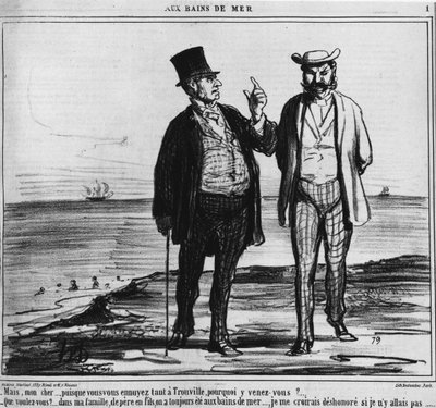 Seaside baths: Parisians on a Trouville beach of the weight of traditions and family habits - by Honore Daumier, in “” Charivari”” from 25/08/1859 بواسطة الشرف دومييه