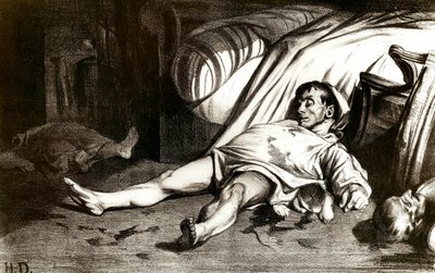 مجزرة شارع ترانسنونين في 14/4/1834 م: المجازر العسكرية لسكان المبنى 12 شارع ترانسنونين بباريس بعد وفاة أحد ضباطهم - مطبوعة حجرية بقلم أونوري دومير (1808-1879) 1837. مجموعة خاصة بواسطة الشرف دومييه