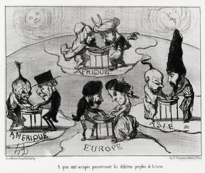 طاولات الدوران (فلومانيا): ما تشغله حاليًا شعوب الأرض المختلفة. توضيح d'Honore Daumier (1808-1879) ، نُشر في الأخبار ، "Charivari" ، بتاريخ 22 يونيو بواسطة الشرف دومييه