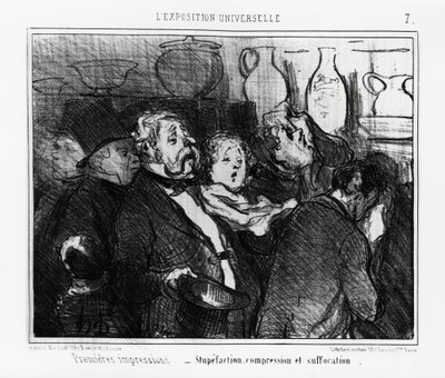 المعرض العالمي: الانطباعات الأولى: الذهول والضغط والاختناق. رسم توضيحي من قبل Honore Daumier (1808-1879) ، نُشر في الأخبار ، "Charivari" ، بتاريخ ٢٤ مايو ١٨٥٥. بواسطة الشرف دومييه