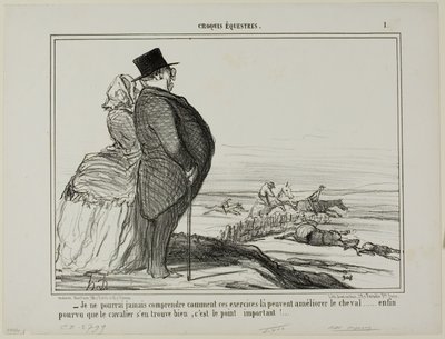 "- لن أفهم أبدًا، كيف من المفترض أن تحسن هذه التمارين من حالة الحصان..... الشيء الوحيد المهم حقًا هو أن يشعر الفارس بالارتياح" لوحة 1 من كروكيس Équestres بواسطة أونوريه فيكتورين دومييه