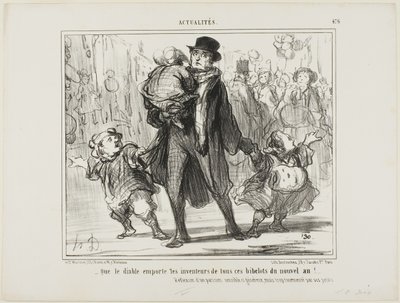 "- عسى أن ينال الشيطان من مخترع كل هدايا السنة الجديدة هذه!" تأملات الأب الباريسي الحساس والكريم ولكن المعذب، لوحة 476 من Actualités بواسطة أونوريه فيكتورين دومييه