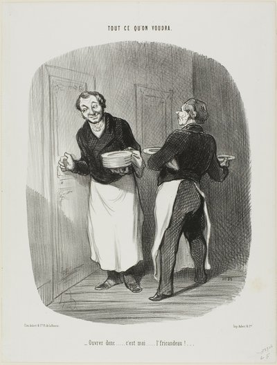 "- Open up..... إنه أنا.... لحم العجل-الحساء!"، اللوحة 17 من Tout Ce Ce on Voudra بواسطة أونوريه فيكتورين دومييه