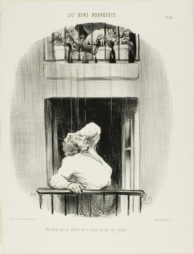 جار يشتكي من سقي حديقته، اللوحة العاشرة من "ليه بونس بورجوا بواسطة Honoré Victorin Daumier