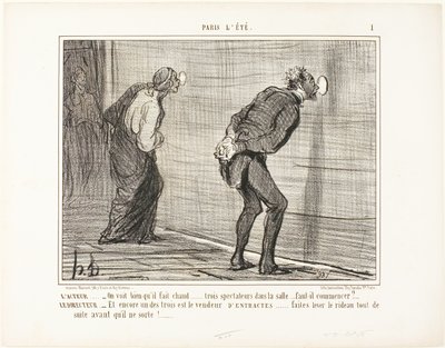 الممثل "- من الواضح أن الجو حار في الخارج ... ثلاثة متفرجين فقط من الجمهور ... هل يجب أن نبدأ حقًا؟ المخرج: "- وأحدهم هو بائع المرطبات ... ارفعوا الستار بسرعة قبل أن تتاح له فرصة المغادرة" لوحة 1 جيئة وذهاباً بواسطة أونوريه فيكتورين دومييه