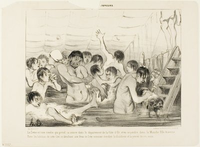 منبع نهر السين هو كوت دور، ويصب في القناة. ويمر في طريقه بباريس حيث يهرب السكان من حرارة الصيف ويحاولون أن يجدوا في هذا النهر النضارة والنقاء، لوحة 3 من لوحة 3 من ليه بينيور بواسطة أونوريه فيكتورين دومييه