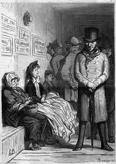 مكتب انتظار شامل. كارتون من قبل هونور دومير (1808-1879). نقش في "" Le Monde Illustré "" رقم 257 بتاريخ 15 مارس 1862. بواسطة الشرف دومييه