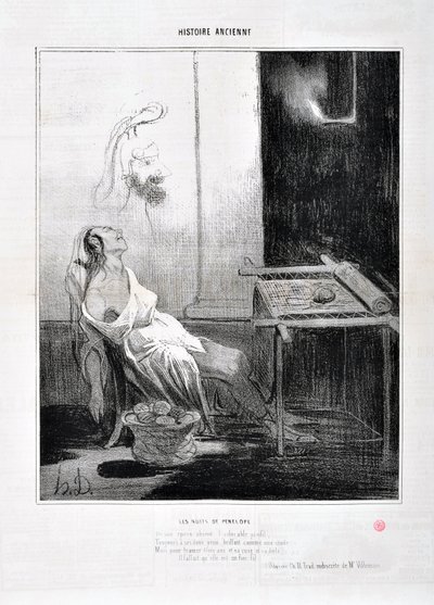 العمل الفني من قبل Honore Daumier (1808-1879) يعود تاريخ Charivari إلى عام 1842: Serie HISTORIE ANCIE Les Nuits de Penelope "" من الصورة الشخصية الرائعة التي غاب عنها ، إلى الأبد إلى عينيه اللطيفتين مثل نجم يهدف إلى نسج ثلاث سنوات وماكره وحياته ق بواسطة الشرف دومييه