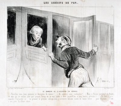 عمل فني من قبل هونور دومير (1808-1879). يعود تاريخ Charivari إلى عام 1843: Serie LES RAILWAYS خطر النوم في رحلة "" - استيقظ سيدي وانزل من السيارة! - إلى أين نقود؟ - لكن روان باربلو! - في روان وأنا الذي أردنا فقط الذهاب إلى Poiss بواسطة الشرف دومييه