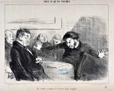 عمل فني من قبل هونور دومير (1808-1879). يعود تاريخ Charivari إلى عام 1852: Serie ALL CE QU'ON VILUA "" - لجنة تستمع إلى قراءة مأساة "" MUSEE DES BEAUX ARTS - PALAIS LONGCHAMP، MARSEILLE بواسطة الشرف دومييه
