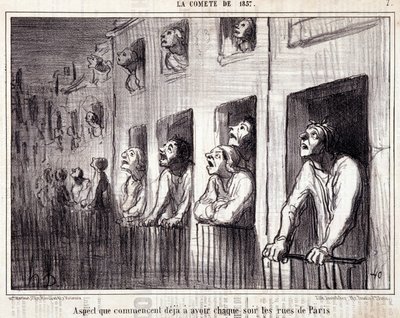 كارتون عن العلم. Serie Sur "" la Comete de 1857 "": "" الجانب الذي يبدأ بالفعل في الظهور كل ليلة في شوارع باريس "". نقش هونور داوميير (1808-1879). مقتطف من جريدة "لو شريفاري". خافت 38x25 سم. Inv D - box 7 م بواسطة الشرف دومييه